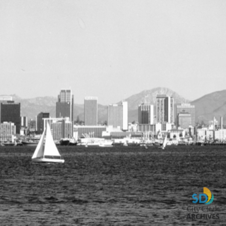 A black and white photo of the San Diego skyline taken in 1976
